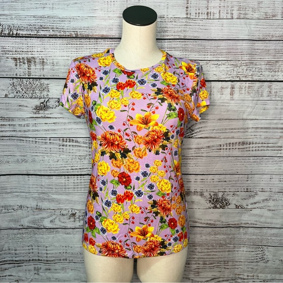 Elie Tahari Floral T Shirt Rayon Purple Orange Yellow Floral Basic Shirt - Picture 1 of 8